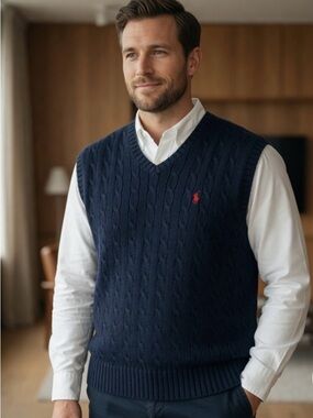 Polo Ralph Lauren Sweater Vest Men XL Navy Blue V Neck Pima Cotton Knit Pony